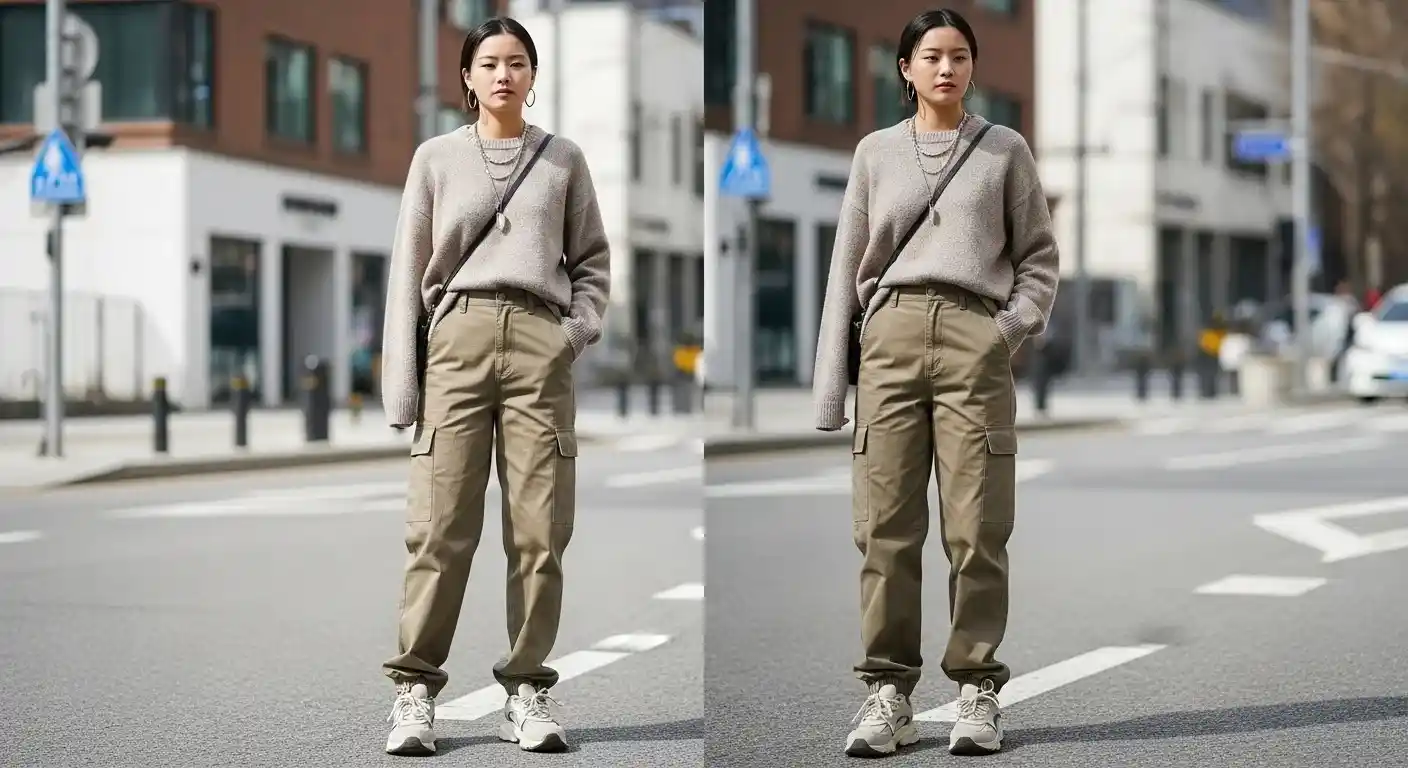 Young person in a minimalist Acubi Fashion outfit with an oversized sweater, cargo pants, and chunky sneakers on a Seoul street, showcasing Korean Acubi Fashion and Y2K fashion vibes.